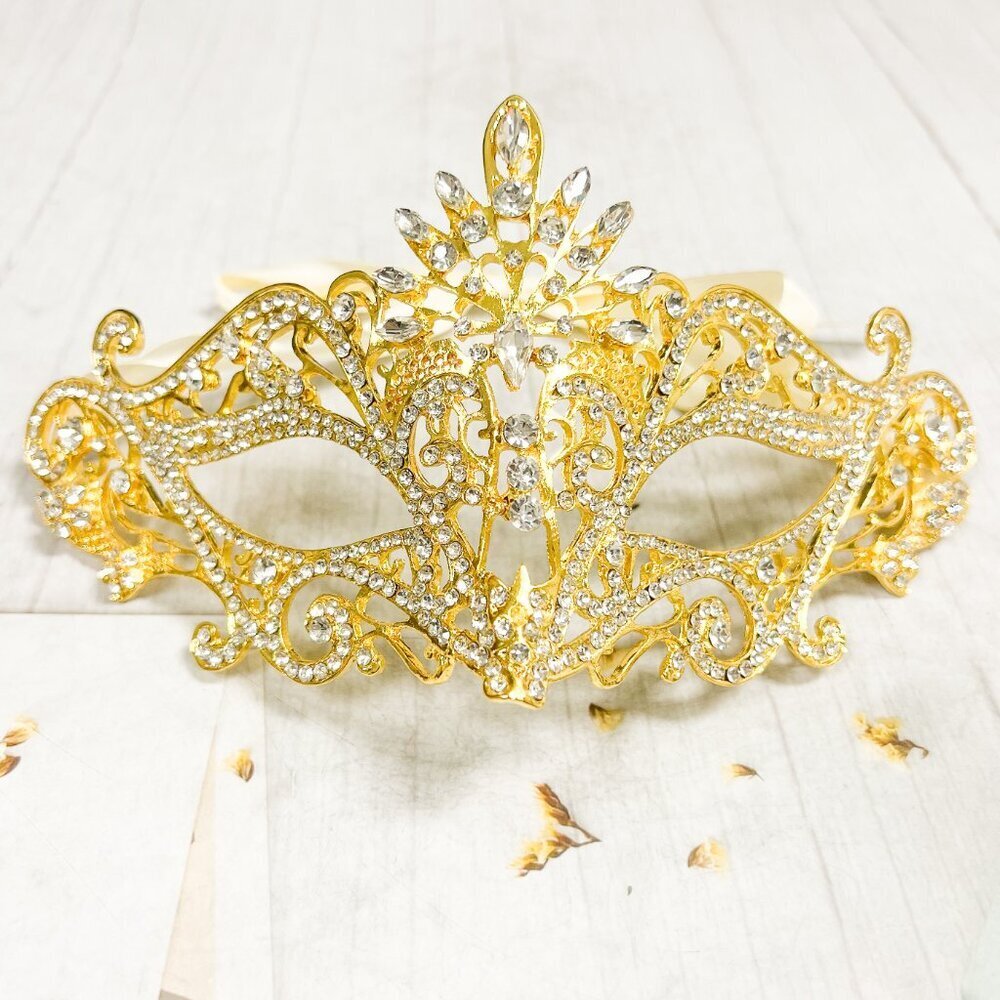 14K Gold Masquerade Mask, Wedding Party Mask, Crystal Eye Mask, Venetian Mask